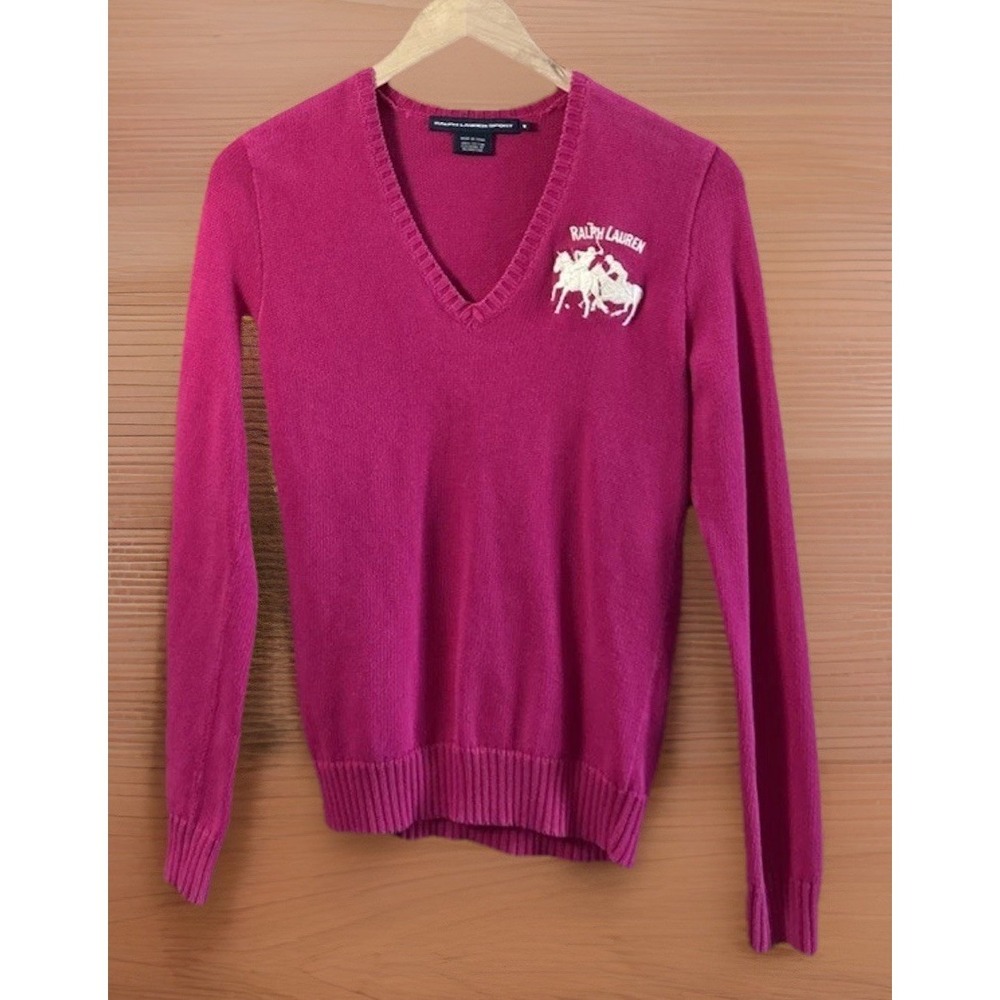 Women's Ralph Lauren V-Neck Sweater Embroidered Crest Sz Medium/small - Picture 1 of 10